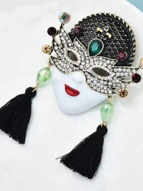 Crystal Masquerade Face Brooch with Black Tassels - Elegant Women's Jewelry